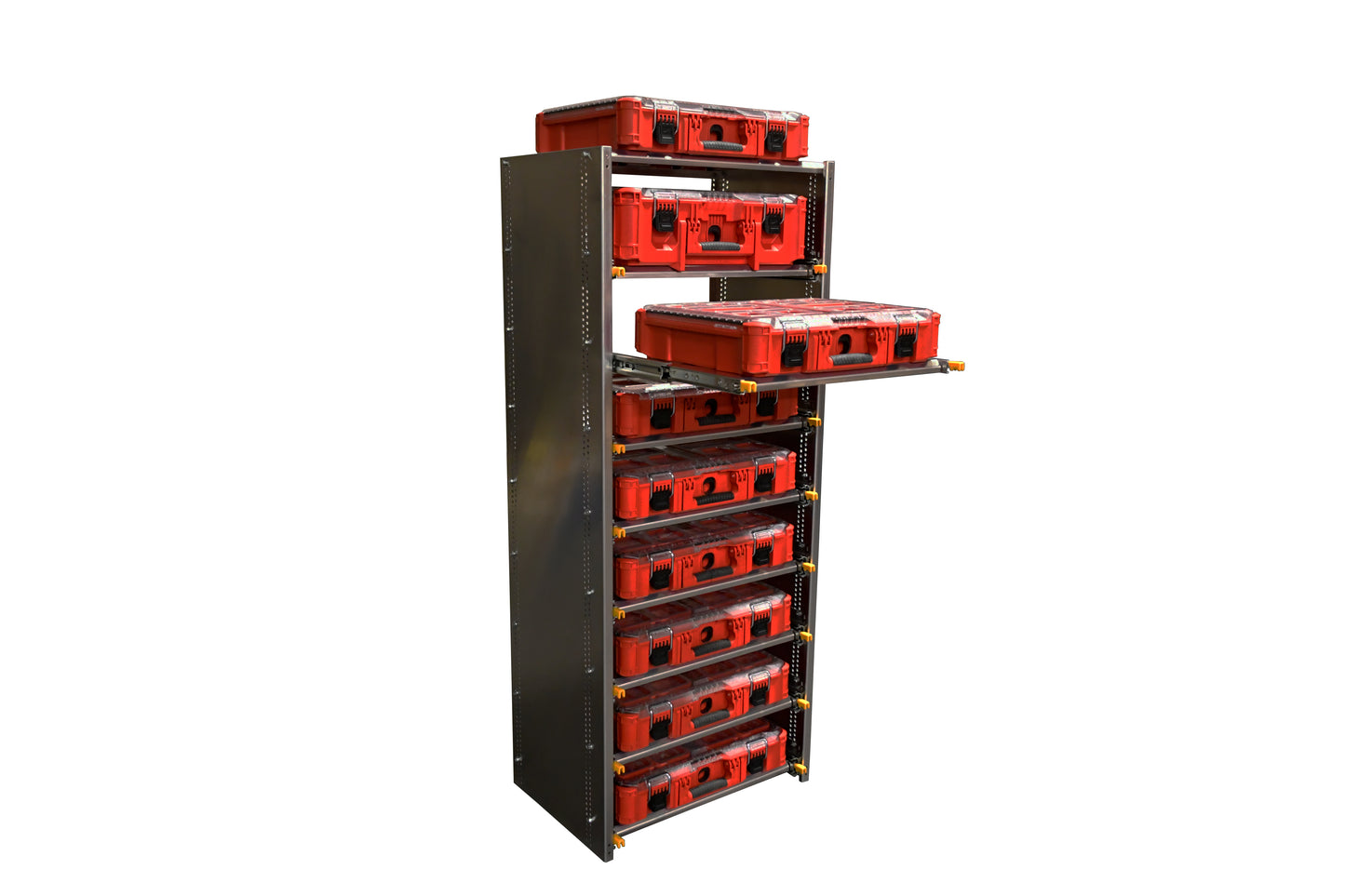 72" Van Rack, Sliding Shelf, works with Milwaukee Packout.